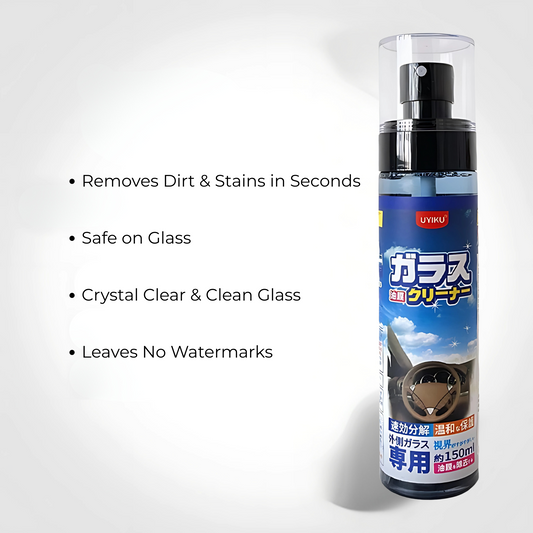 UYIKU Glass Cleaner spray bottle with bullet points: Removes Dirt & Stains in Seconds, Safe on Glass, Crystal Clear & Clean Glass, Leaves No Watermarks.