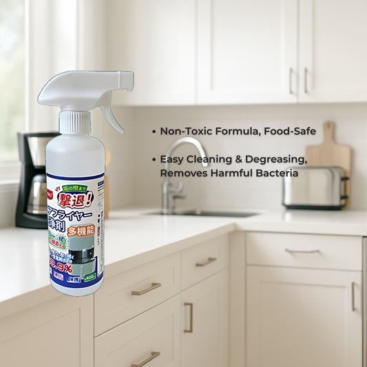 UYIKU Kitchen Appliance Cleaner spray bottle in a modern kitchen, with bullet points stating: Non-Toxic Formula, Food-Safe; Easy Cleaning & Degreasing, Removes Harmful Bacteria.