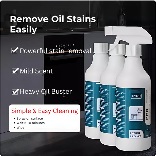UYIKU Heavy Duty Kitchen Degreaser spray bottle, highlighting its powerful stain removal, mild scent, heavy oil conquering ability, and simple spray-and-wait instructions for effortless cleaning.