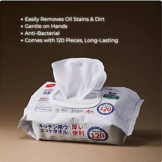 UYIKU Kitchen Wet Wipe being pulled from its pack, with bullet points: Easily Removes Oil Stains & Dirt, Gentle on Hands, Anti-Bacterial, Comes with 120 Pieces, Long-Lasting.