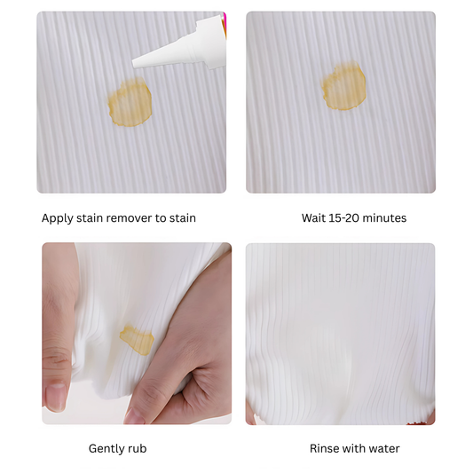 Four-step visual guide on how to use UYIKU Oil Stain Remover: 1. Apply product directly to stain, 2. Let it sit for 15-20 minutes, 3. Rub the stained area by hand, 4. Rinse with water.