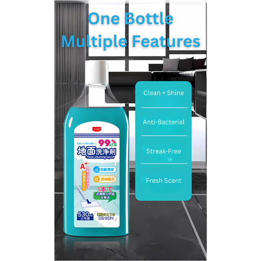 UYIKU Swift-Dry Floor Cleaner bottle with overlaid text highlighting multiple features: One Bottle Multiple Features, Clean + Shine, Anti-Bacterial, Streak-Free, Fresh Scent.