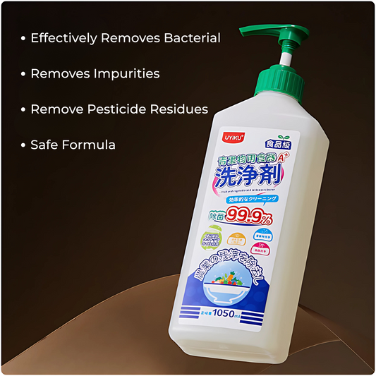 UYIKU Multi-Purpose Washing Liquid bottle with list of benefits: Effectively removes bacterial, removes impurities, removes pesticide residues, and features a safe formula.